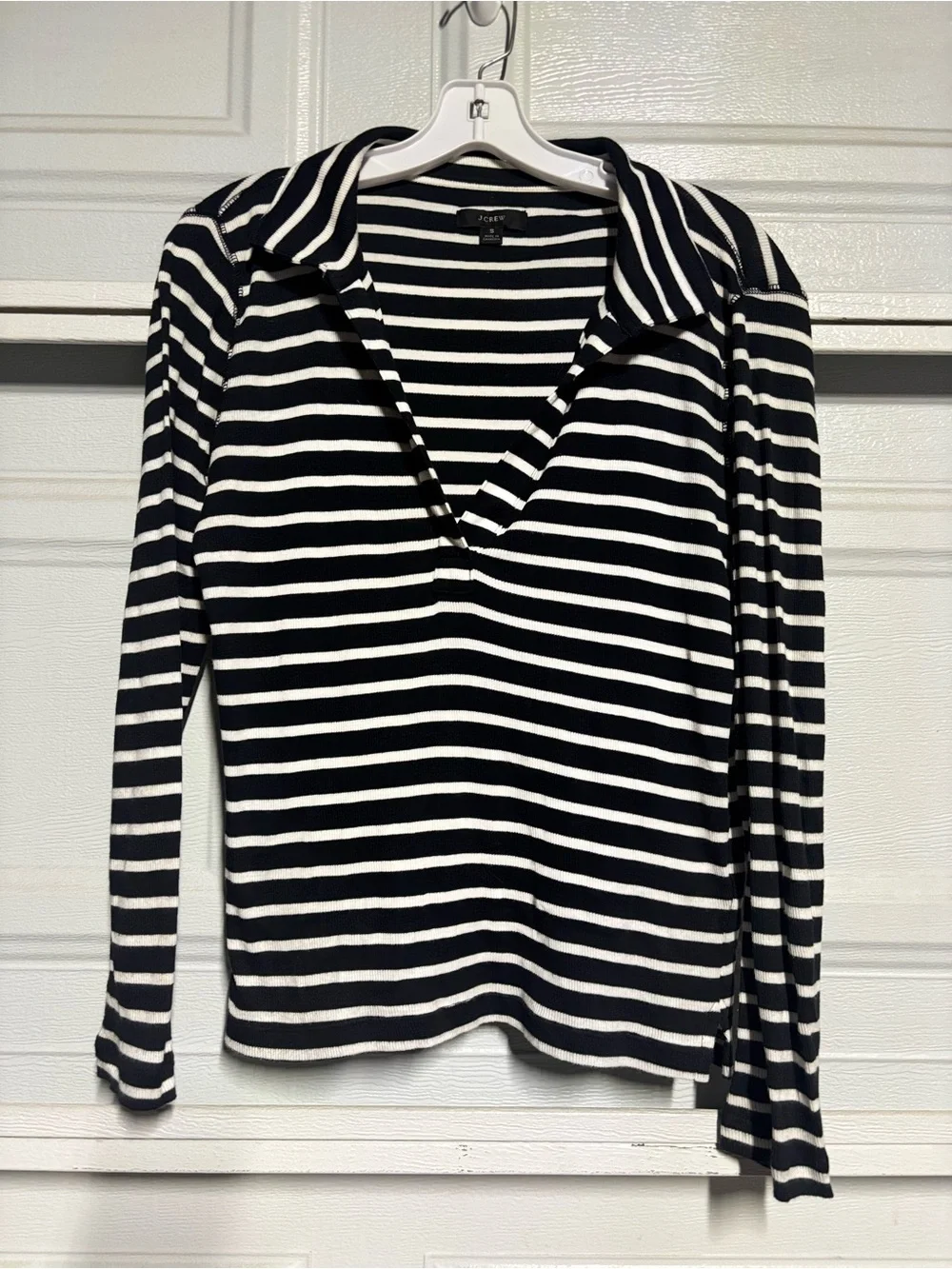 J. Crew Black and White Striped Long-Sleeve Polo Knit